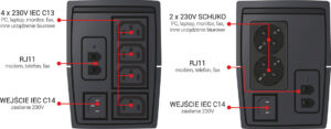 GT UPS POWERbox Tower 850VA/480W — panel tylny — gniazda i złącza