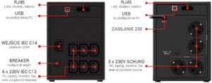 GT UPS POWERbox Tower 1200VA/600W — panel tylny — gniazda i złącza